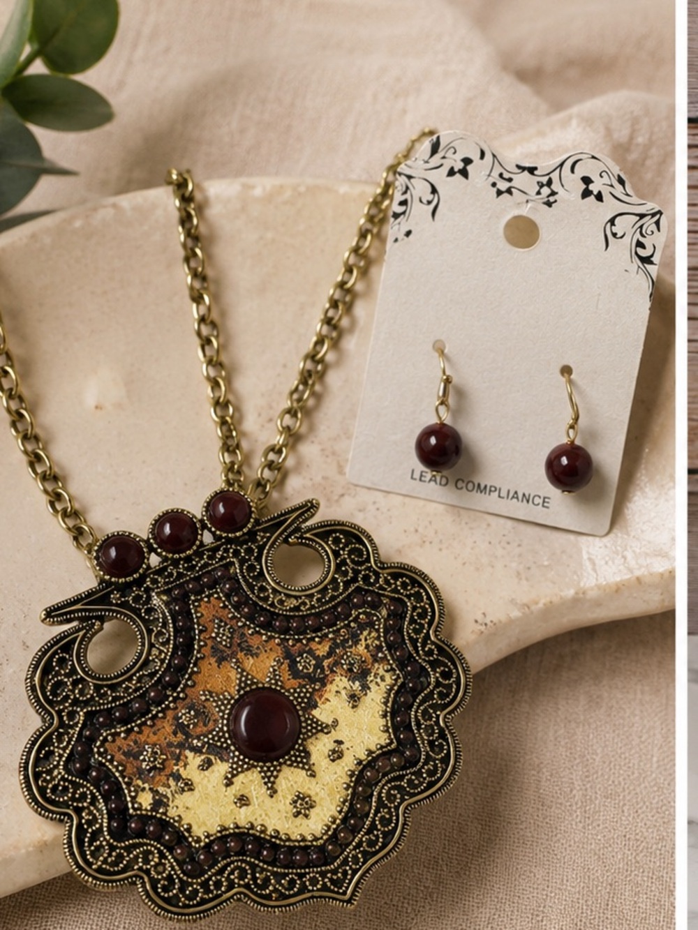 Antique Gold-Tone Statement Pendant Necklace & Burgundy Earrings Set (BR 1010/3)